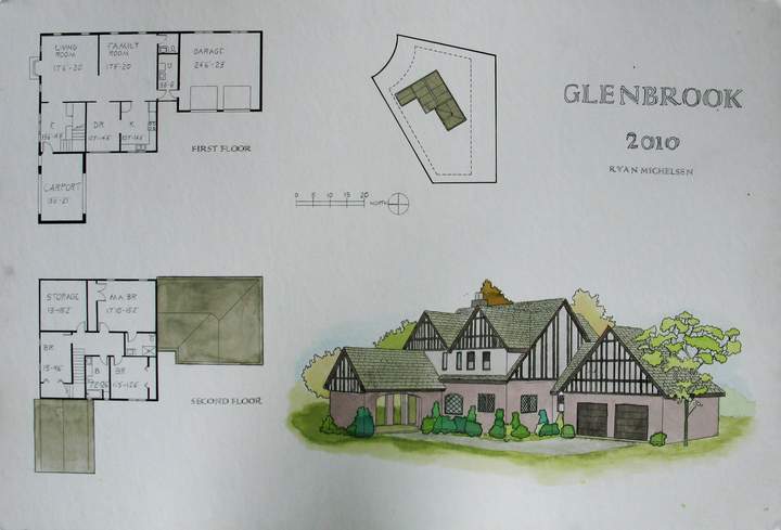 2010 proposal: watercolor sheet with hand-drawn perspective on site and drafted watercolored two-story floor plans including carport entryway